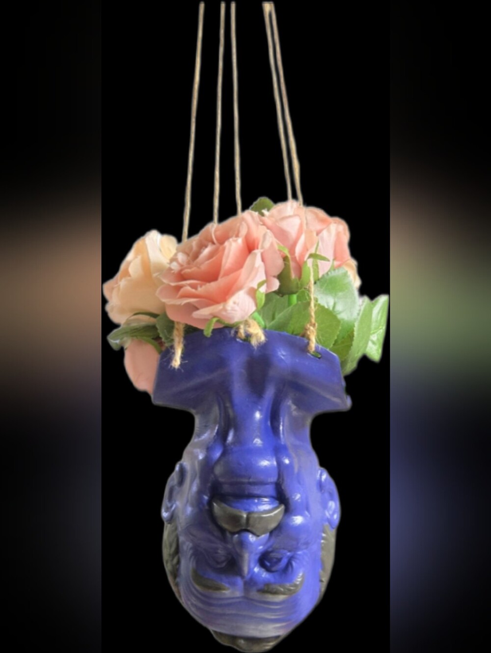 Hand-Painted Blue Doll Head Hanging Planter, Goth Boho Oddities Home Decor